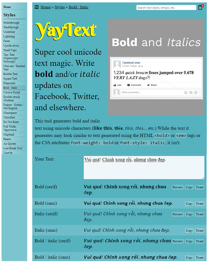 Yaytext dùng để chỉnh kiểu chữ trong Facebook